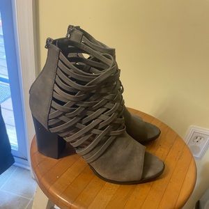 Strappy grey thick heels